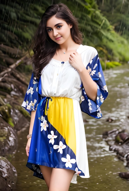Uma menina em um vestido branco e amarelo com uma estampa de flores azuis e amarelas