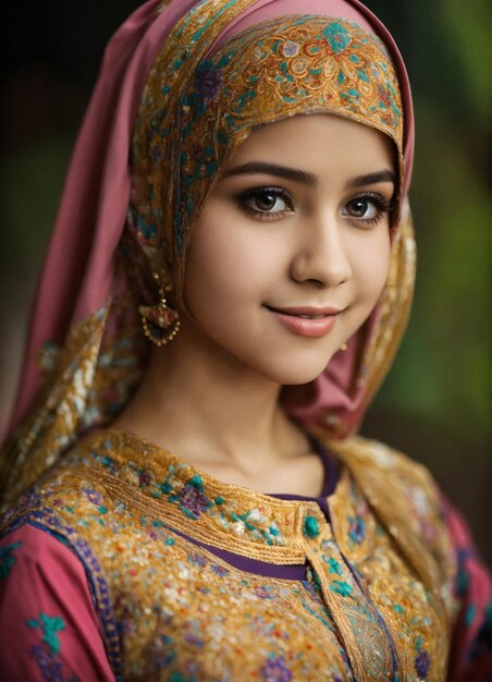 uma menina em um vestido colorido com uma flor rosa e dourada em sua cabeça