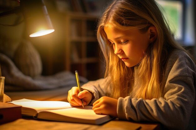 Foto uma menina embarca em uma jornada criativa com seu caderno de ia generativa