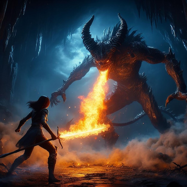 Uma menina empunhando uma espada flamejante enfrentando uma criatura monstruosa no escuro