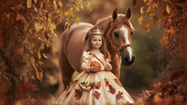Uma menina encantadora vestida como uma princesa está com um cavalo na floresta de outono
