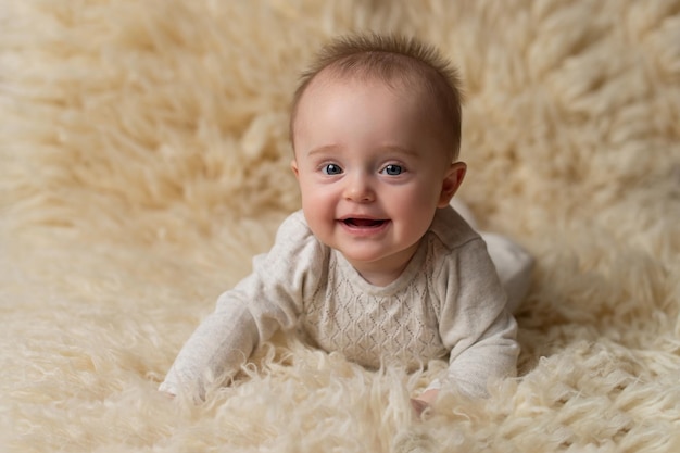 Uma menina encontra-se em um fundo de pele bege e sorri Emoções infantis