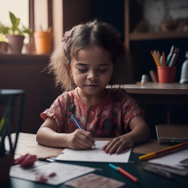 Uma menina escrevendo em um pedaço de papel