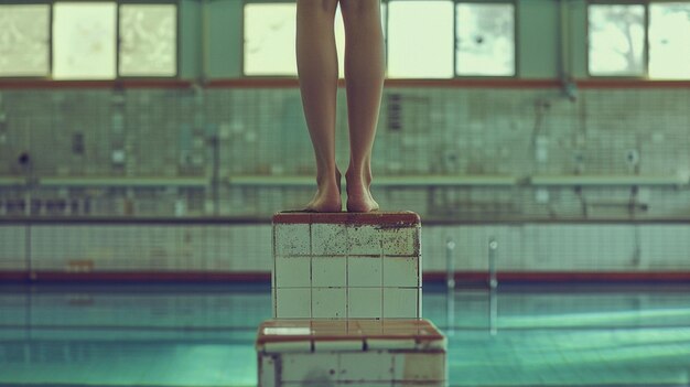 Uma menina esperando para mergulhar na água em uma piscina