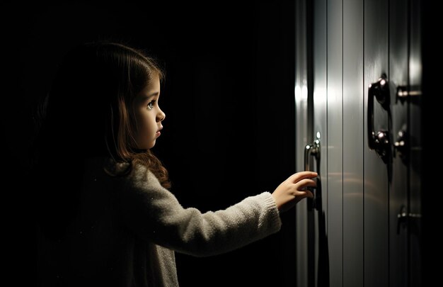 Foto uma menina está abrindo uma porta com uma maçaneta