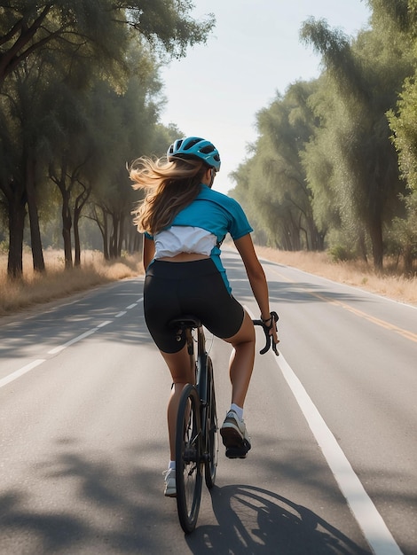 Foto uma menina está andando de bicicleta na estrada à tarde