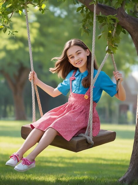 Uma menina está balançando em um baloiço sob uma árvore