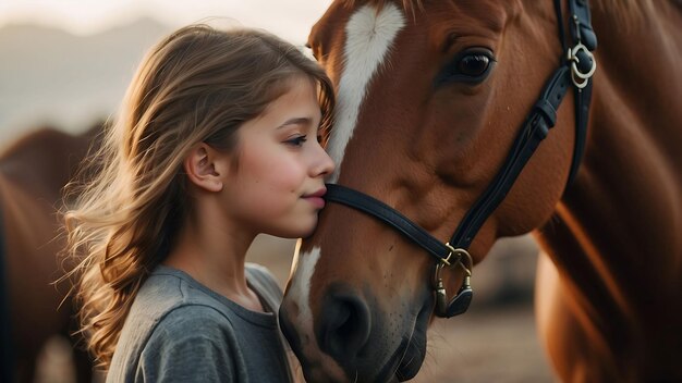 uma menina está beijando um cavalo com um cavalo ao fundo