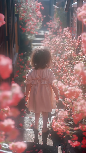 uma menina está caminhando por um caminho com flores cor-de-rosa no fundo