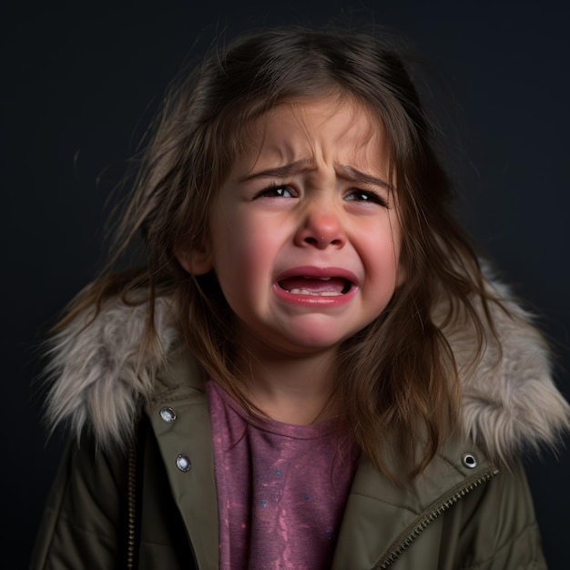 uma menina está chorando na frente de um fundo preto