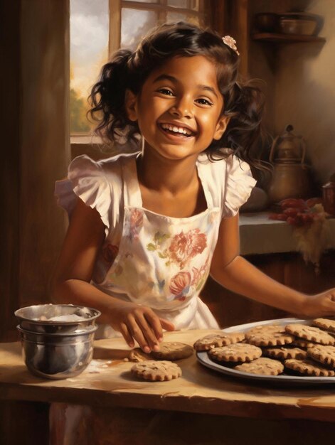Uma menina está cozinhando biscoitos em uma cozinha com uma foto de uma menina com uma panela de biscoitos.