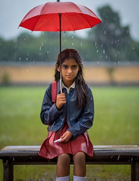 Uma menina está de pé em um campo da escola agora que está chovendo