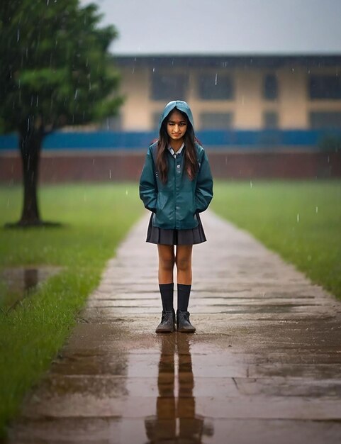 Foto uma menina está de pé em um campo da escola agora que está chovendo