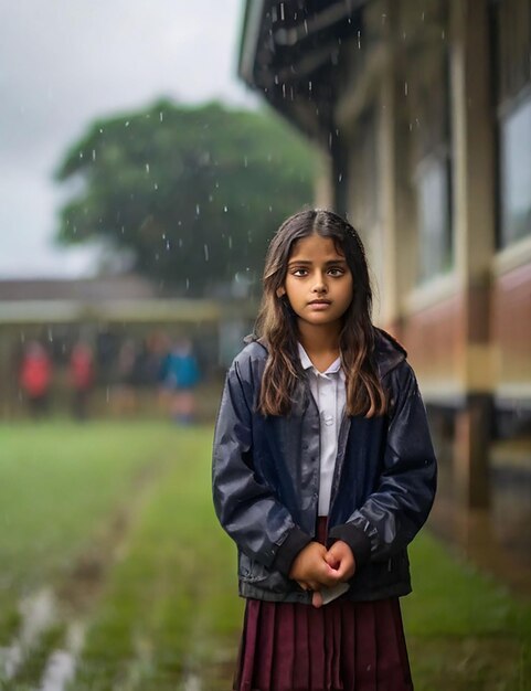 Uma menina está de pé em um campo da escola agora que está chovendo