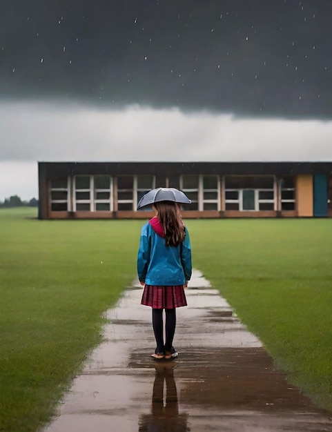 Uma menina está de pé em um campo da escola agora que está chovendo