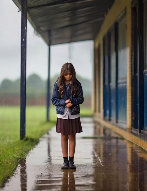 Foto uma menina está de pé em um campo da escola agora que está chovendo