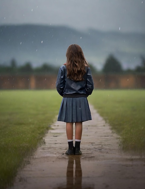 Uma menina está de pé em um campo da escola agora que está chovendo