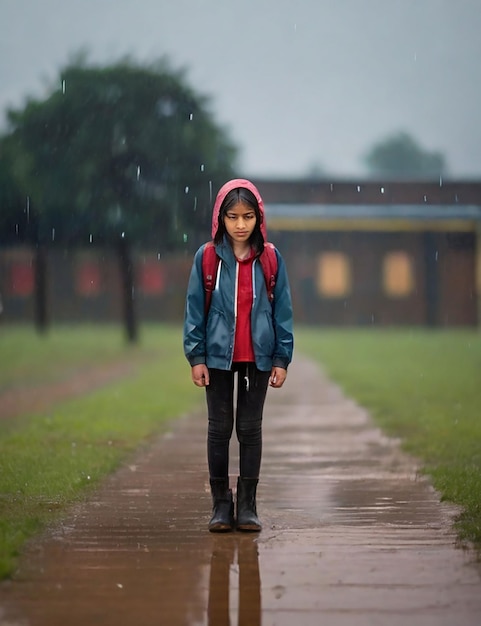 Uma menina está de pé em um campo da escola agora que está chovendo