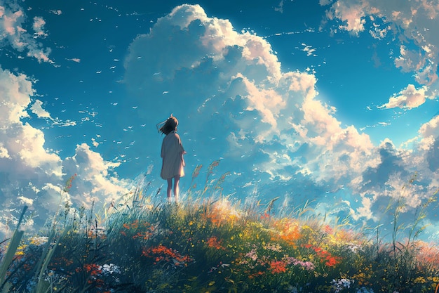Uma menina está de pé em um campo de grama e olha para o céu