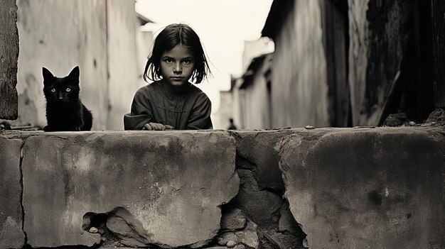 Foto uma menina está de pé em uma borda em uma foto em preto e branco