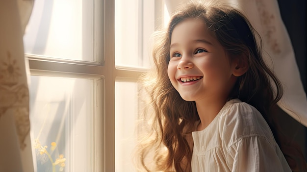 Uma menina está de pé junto a uma janela iluminada pelo sol, seu rosto irradiando felicidade enquanto olha para fora, o interior branco acrescenta à pureza do momento.