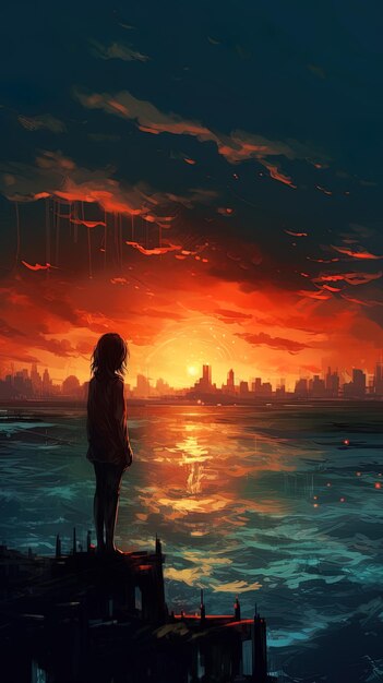 uma menina está de pé na água olhando para a cidade