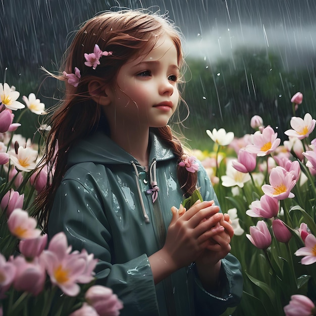 uma menina está de pé na chuva com flores nas mãos