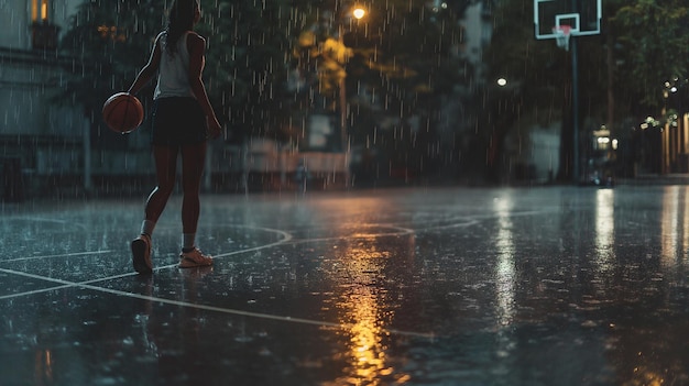 uma menina está de pé na chuva e segura uma bola de basquete na mão