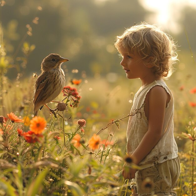 uma menina está de pé num campo com um pássaro no ombro