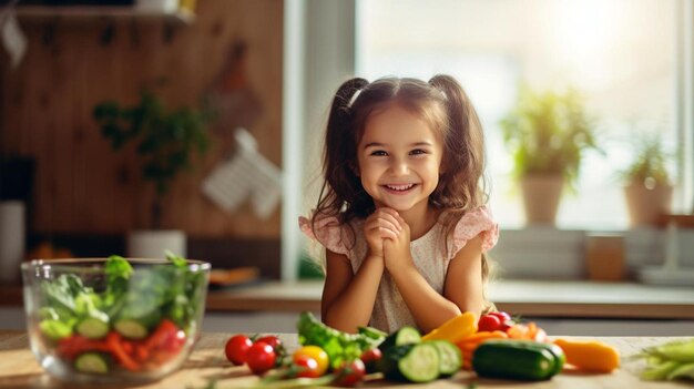 uma menina está deitada no chão com legumes e a palavra feliz nele