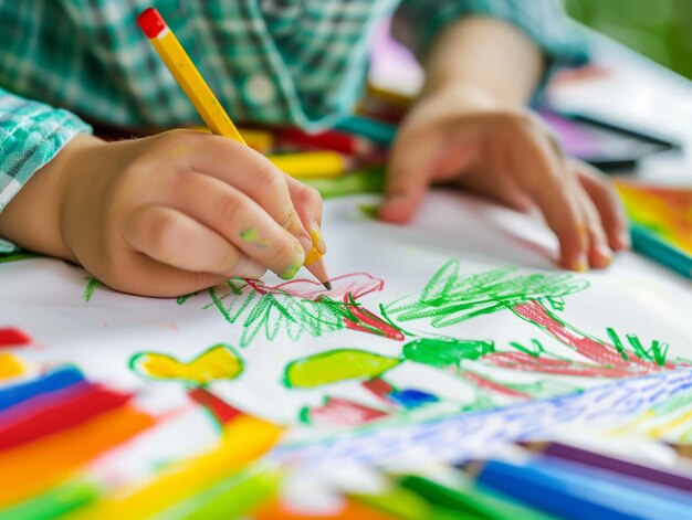 Uma menina está desenhando uma imagem de flores em um pedaço de papel