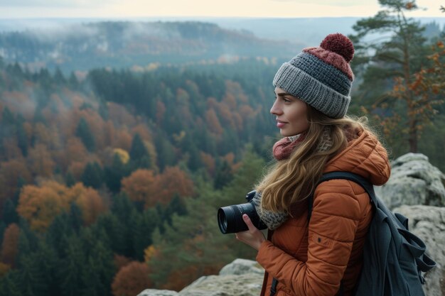 Uma menina está desfrutando da vista do topo de uma montanha e segurando uma câmera.