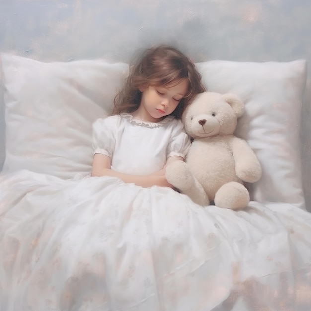 Uma menina está dormindo com um ursinho de pelúcia em uma cama.