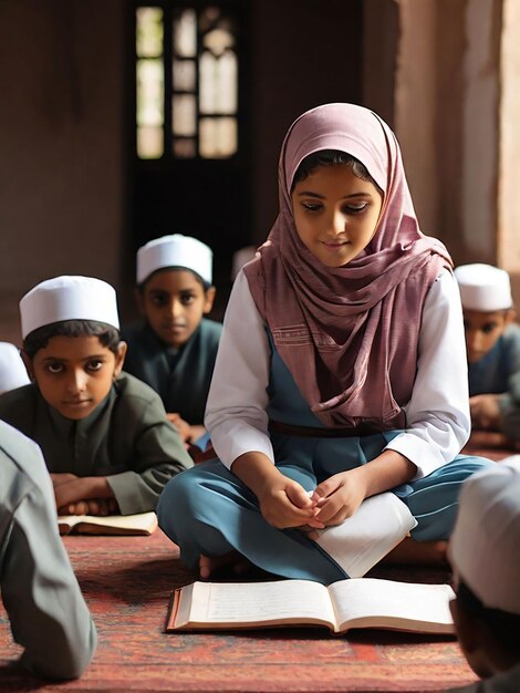 Foto uma menina está ensinando crianças em uma madrasa