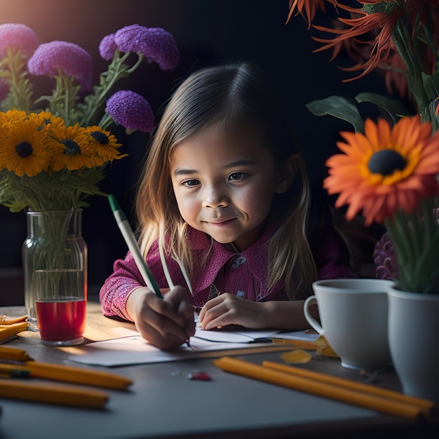 Uma menina está escrevendo em um papel com um lápis.