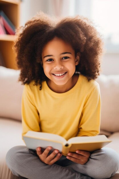 Foto uma menina está lendo um livro em uma mesa