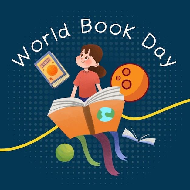 uma menina está lendo um livro pelo dia mundial do livro