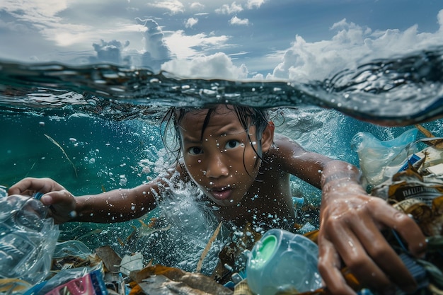 Uma menina está nadando no oceano com a cabeça debaixo d'água