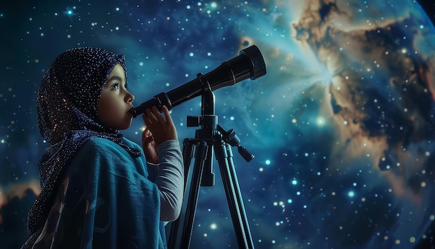 Foto uma menina está olhando através de um telescópio para as estrelas