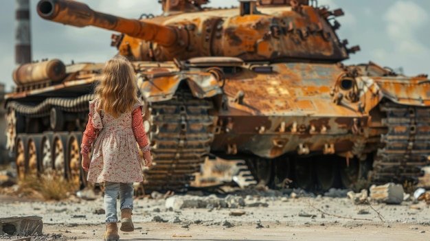 Foto uma menina está olhando para um velho tanque enferrujado da guerra imagem gerada pela ia