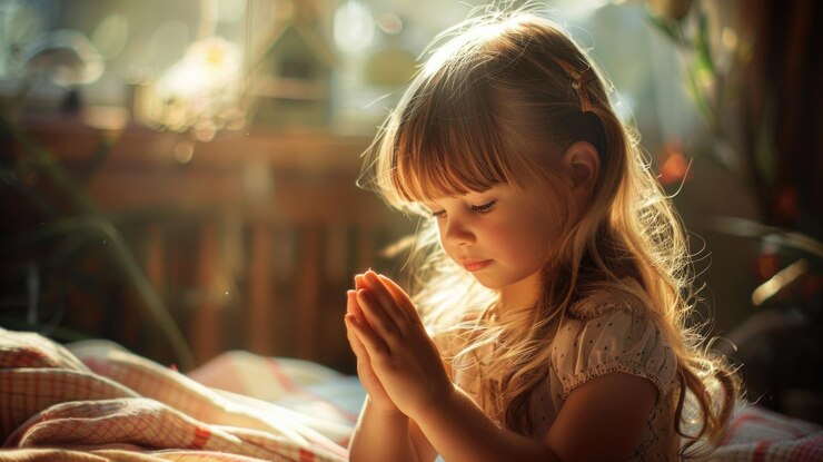 Foto uma menina está orando em uma cama aconchegante perfeito para projetos religiosos ou familiares