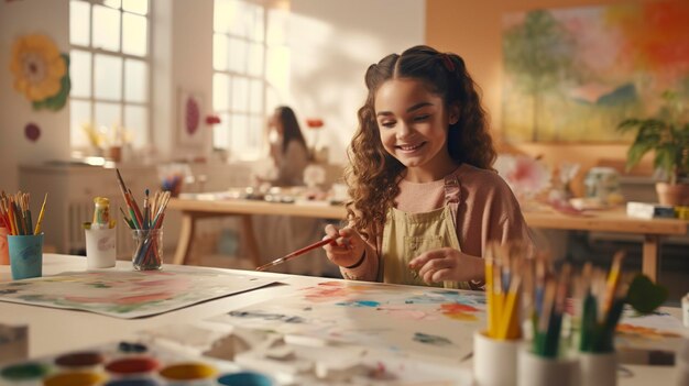 uma menina está pintando com um pincel e um pincelo