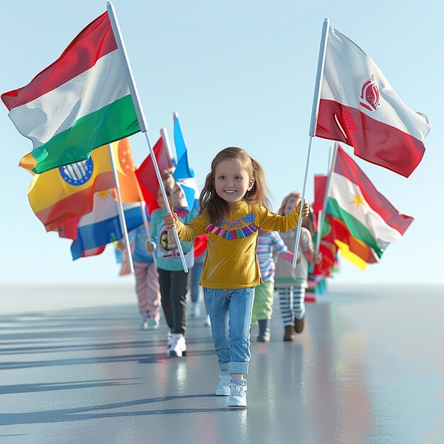 Foto uma menina está segurando bandeiras que dizem que o mundo