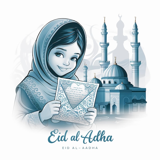 uma menina está segurando uma carta que diz quot árabe quot Eid alAdha