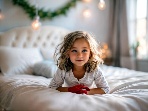 uma menina está segurando uma fita vermelha em uma cama