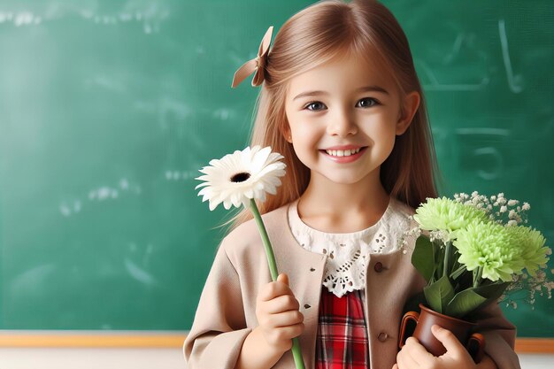 Uma menina está segurando uma flor e sorrindo na frente de um quadro verde