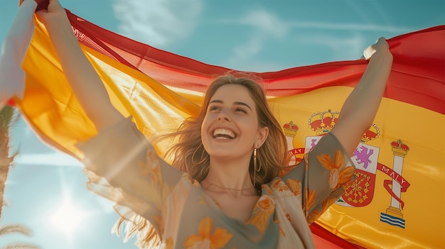 Foto uma menina está segurando uma grande bandeira vermelha e amarela e está sorrindo