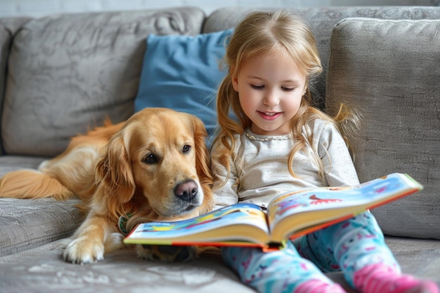Uma menina está sentada em um sofá e mostrando um livro para seu lindo cachorro golden retriever