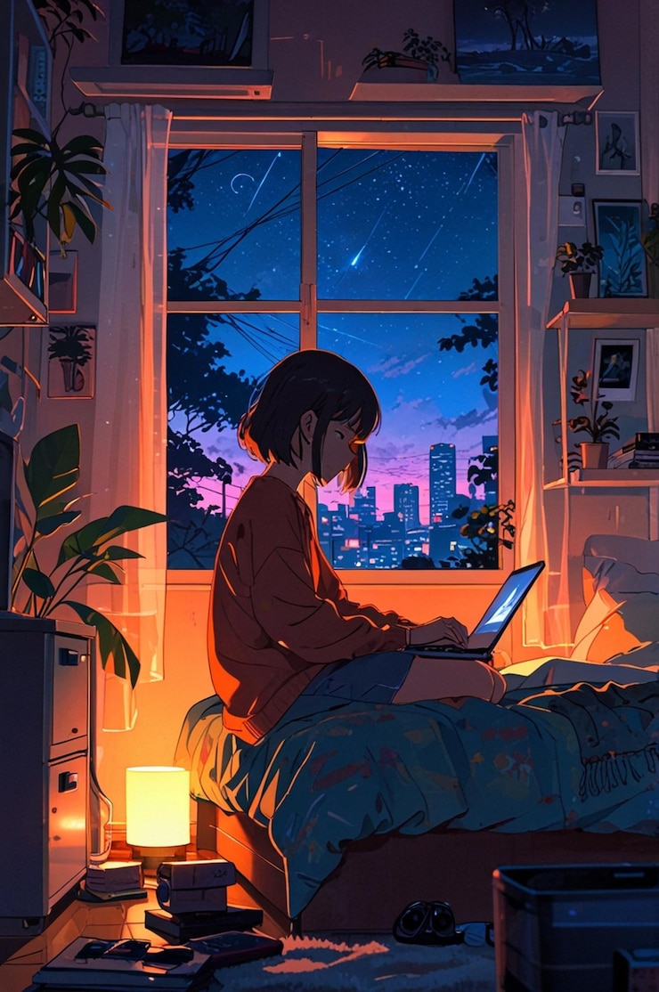 Foto uma menina está sentada na cama com um computador e um monitor com o céu noturno ao fundo