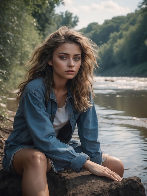 Uma menina está sentada na margem de um rio